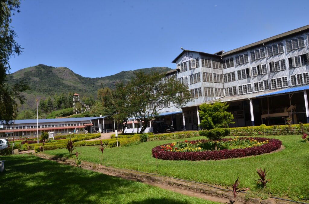 a building with a lawn and flowers